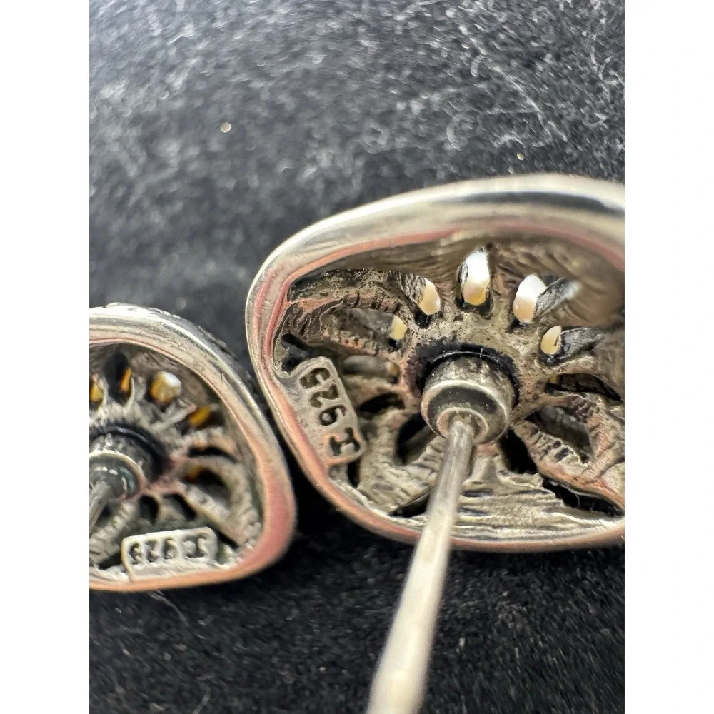 Vintage‎ Sterling Silver Marcasite Mabe Pearl Stud Earrings 925 Elegant